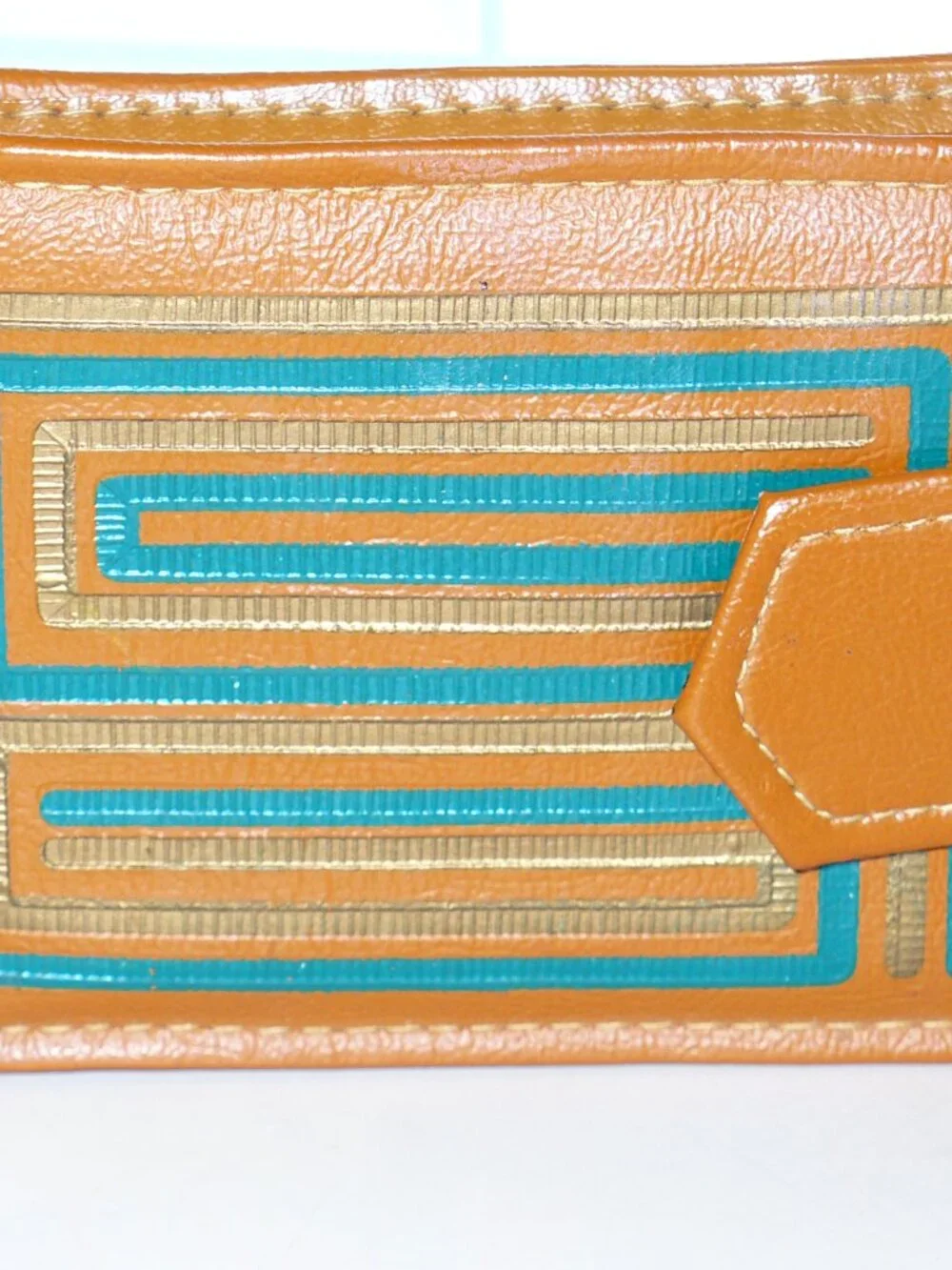 Vintage 1970's Brown Vinyl Billfold Pocket Wallet Green and Gold Design